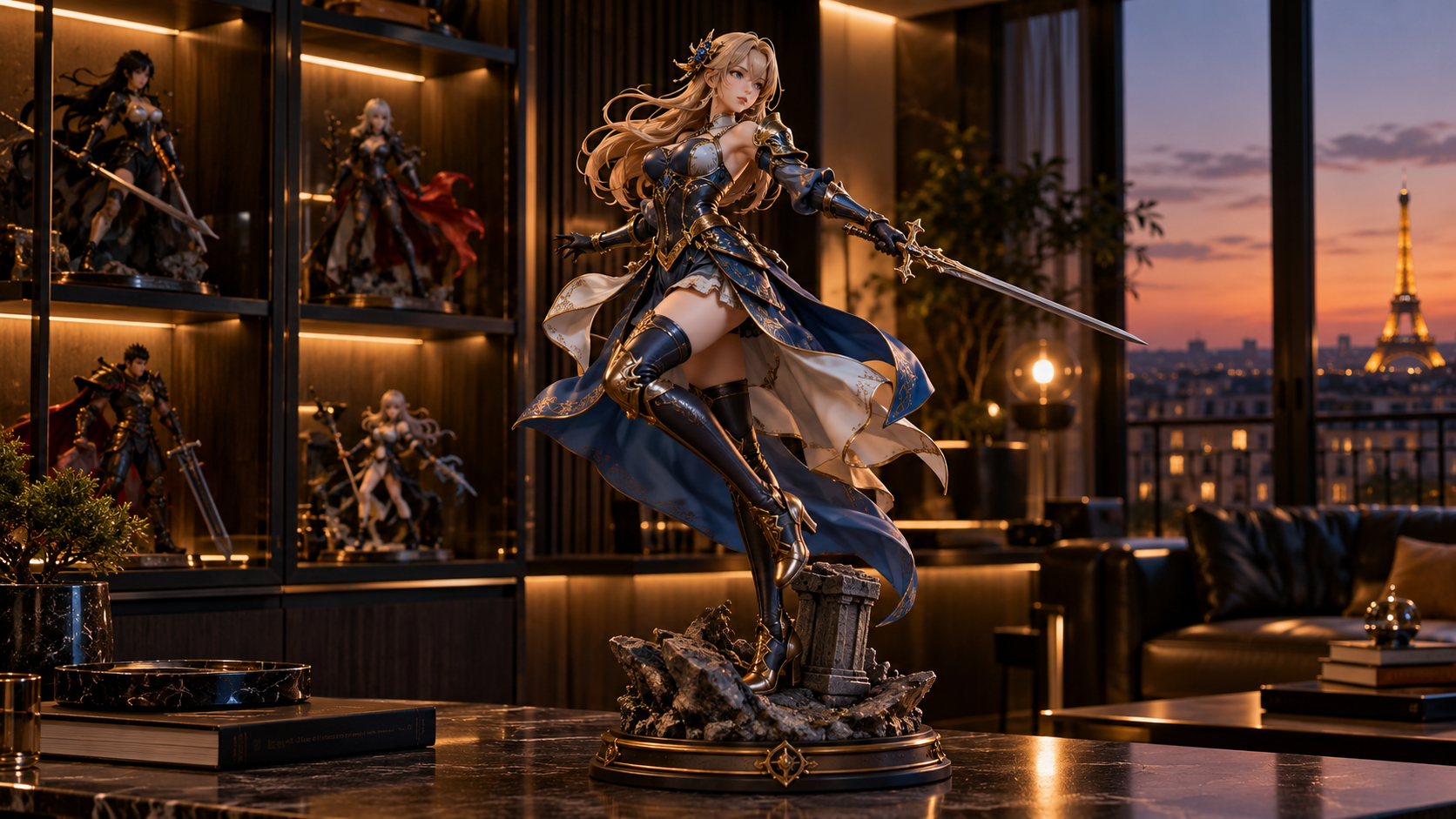 Vitrine de figurines de collection dans un appartement parisien, ambiance Street Fighter adulte